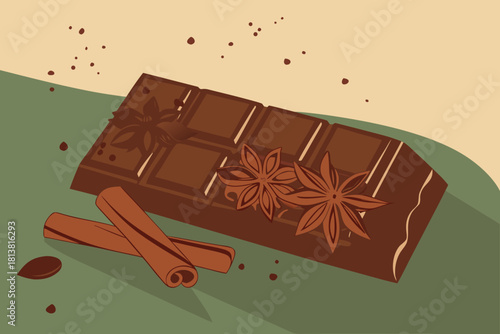 Chocolate bar with cinnamon sticks and star anise on green backdrop  