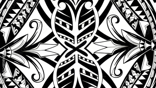 Symmetrical black and white tribal pattern with intricate geometric and curvilinear ethnic designs.