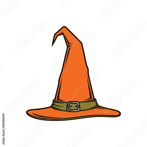Orange Pointed Witch Hat With Brown Buckle.