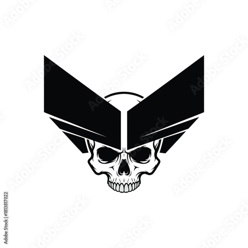 Stylized monochrome skull emblem with angular wings.
