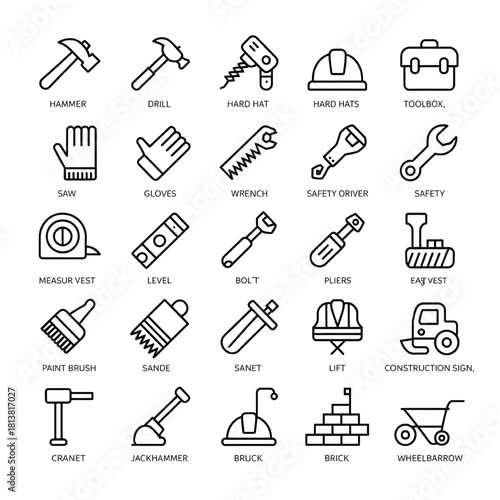This collection features 25 pixel-perfect, outline vector icons representing various construction, engineering, building, and home repair tools and equipment