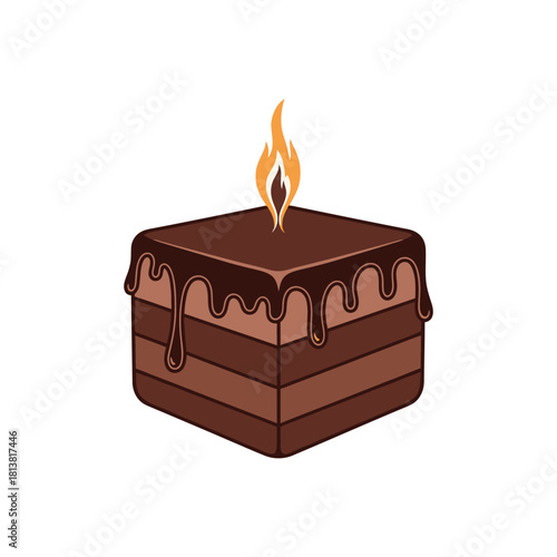 Chocolate Layered Cube Cake With Candle Flame.