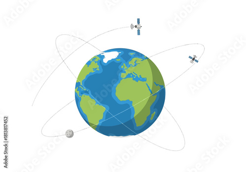 Earth with Satellites and Moon in Orbit, Flat Vector Illustration