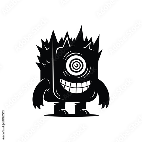 Smiling One Eyed Spiky Cartoon Monster Character.