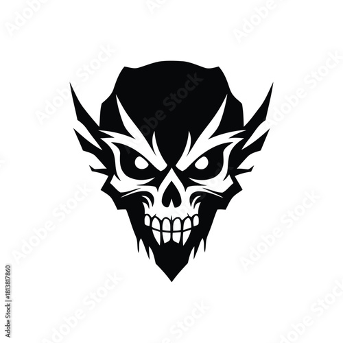 Black Stylized Skull Emblem With Sharp Features.
