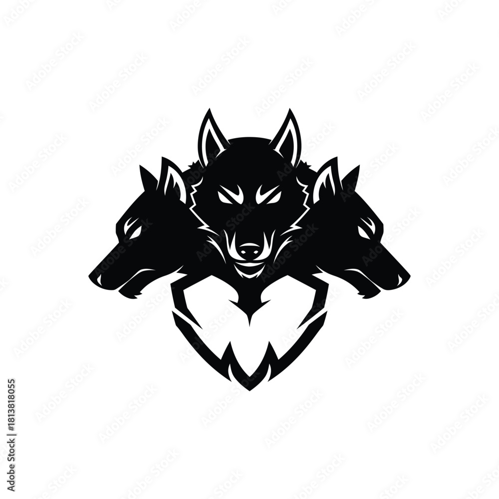 Obraz premium Black Three Headed Wolf Emblem Logo Silhouette.