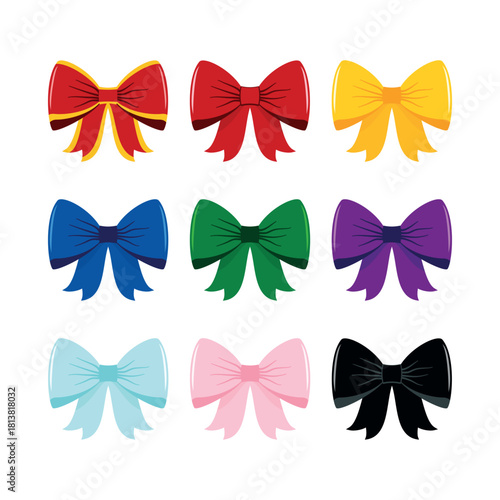 Colorful tied bows icon set isolated on a white background vector illustration. Different colored party bowknot collection. Decorative ribbon bow in flat style