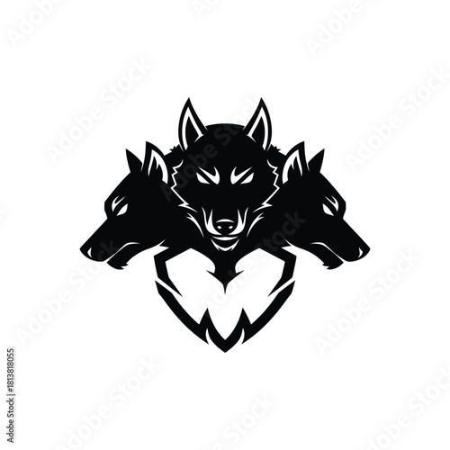Black Three Headed Wolf Emblem Logo Silhouette.