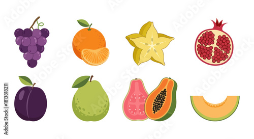 Assortment of colorful fruits grapes oranges carambola and more