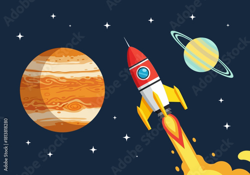 Cartoon Rocket Launching in Space with Planets and Stars
