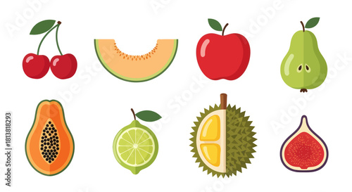 Assortment of colorful fruits cherry melon apple pear papaya lime durian fig