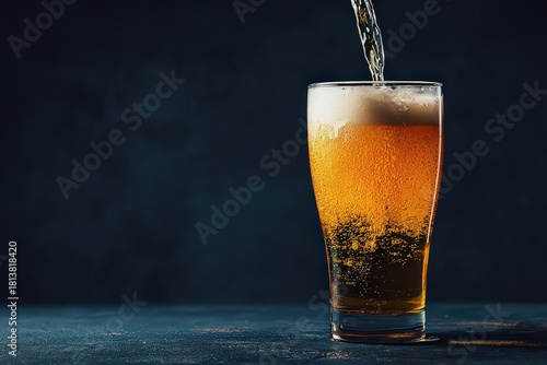 Wallpaper Mural Golden Beer Pouring Into Glass on Dark Surface with Scattered Droplets and Textured Blue Background in Studio Lighting Torontodigital.ca