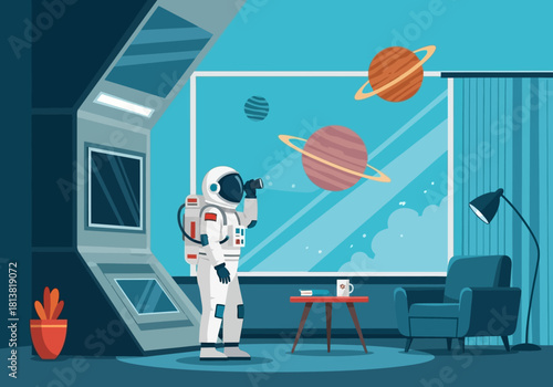 Astronaut Gazing at Planets Through Window in Space Station
