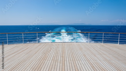 Cruise ship deck view over ocean with blue sky background