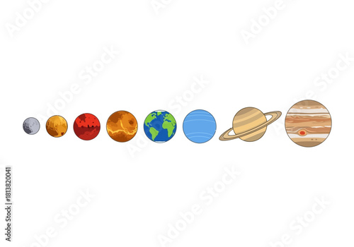 Cartoon Solar System Planets: Mercury, Venus, Earth, Mars, Jupiter, Saturn, Uranus, Neptune