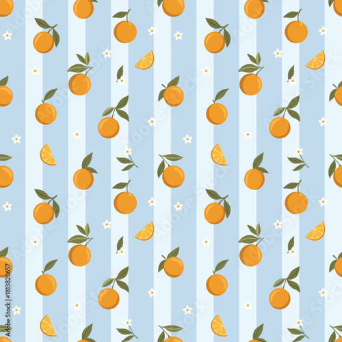 Orange pattern, cute cartoon style, bright color tones, orange halves inserted at intervals, background with vertical light blue and white stripes, can be used as wallpaper, printed fabric or product