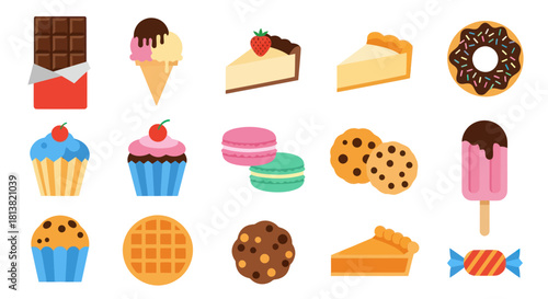 Assortment of desserts chocolate bar ice cream cake cupcakes cookies candy and more