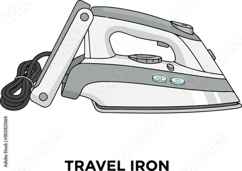  flat vector art of a compact folding travel iron, modern clean design, white background