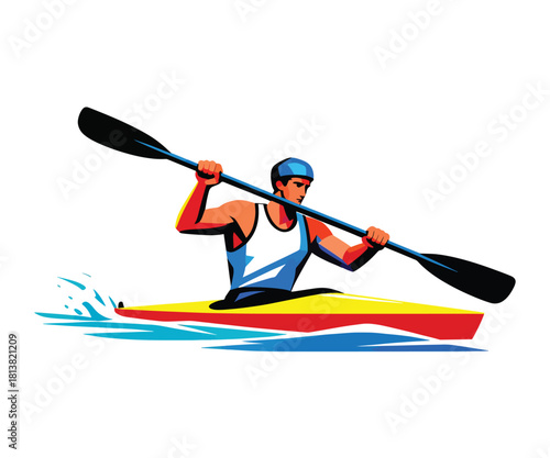 Dynamic kayaker powerfully paddling through water, perfect for sports promotions, fitness campaigns, or outdoor adventure branding with bold colors and strong action