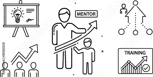 Hand drawn business mentorship and training concepts in black and white