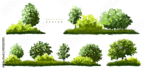 Vertor set of green tree,plants side view for landscape elevations,element for backdrop,eco environment concept design,watercolor greenery scene