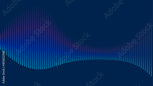 Neon audio equalizer bars forming wave on dark blue gradient, vector background