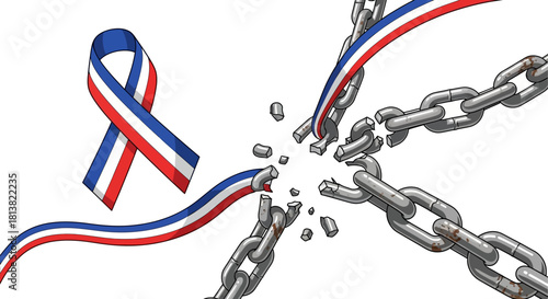 Celebrate freedom with this striking tricolor ribbon and broken chains, symbolizing liberation and national pride, perfect for historical commemorations