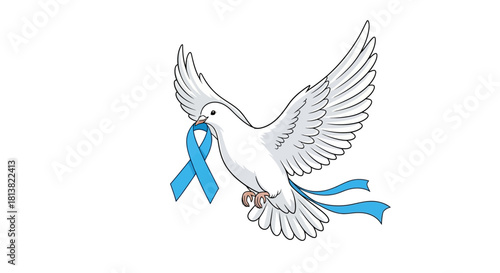 Elegant white dove gracefully carrying a blue awareness ribbon for hope and healing, spreading peace and support for a cause, raising awareness today