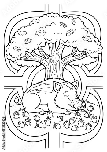 A wild boar is resting under an oak tree. coloring book