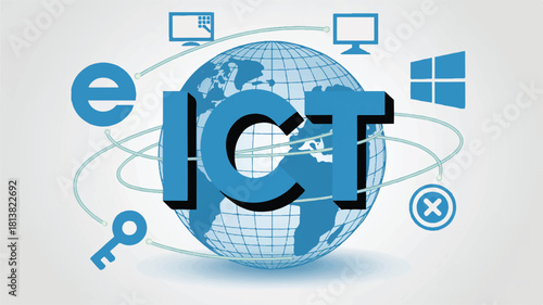 Blue globe with I C T letters and technology icons computers windows logo
