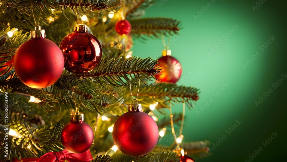 Fototapeta premium Close up of a decorated christmas tree with red ornaments and warm lights
