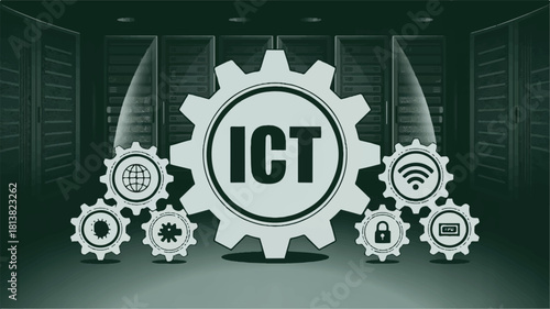 Information communication technology gears in server room vector