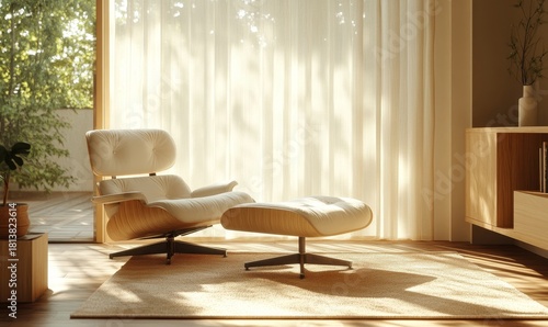 Wallpaper Mural Home, furniture, and sunshine, with ergonomic seating and minimalist style for relaxation. Clean, modern decor featuring natural light through windows and inviting atmosphere, Generative AI Torontodigital.ca