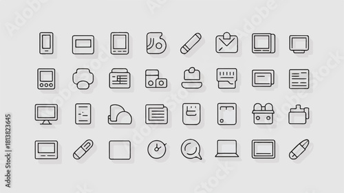 Various digital icons and office supplies technology communication