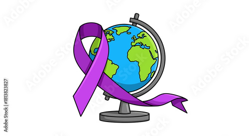 Global awareness ribbon for world cancer day with globe against white, showing solidarity and hope for a cure in a cartoon style illustration