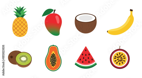 Assortment of fresh fruits pineapple mango coconut banana kiwi papaya