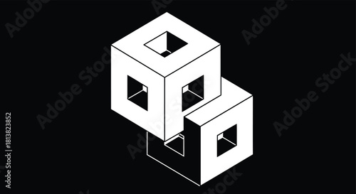 Abstract isometric illustration of two white hollow cubes overlapping against a dark gray background, representing a conceptual structure or impossible object in a minimalist graphic style