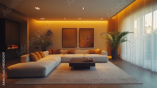 Wallpaper Mural Minimal, interior design and living room with dark tones and ambient lighting. Feng shui and plant-based decoration for a modern house, architecture, or real estate staging, Generative AI Torontodigital.ca