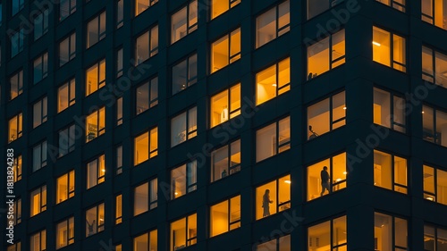 Illuminated windows of an apartment building at night revealing silhouettes