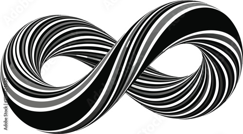 Abstract three dimensional lemniscate symbol representing infinity with black white and gray stripes creating a sense of continuous motion and mathematical concept isolated on white background