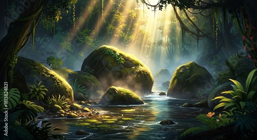 Sunlit Jungle Stream - A Serene Oasis of Natures Beauty.