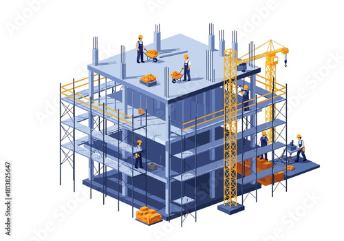 Isometric View of a Building Under Construction with Workers and Crane