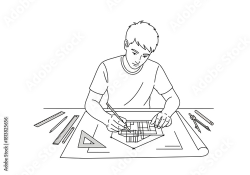 Architect Drawing Blueprint with Tools on Desk, Line Art Illustration