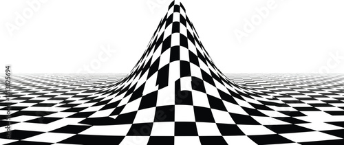 Abstract black and white checkerboard pattern surface warping upwards into a peak against a bright white background, creating a distorted perspective effect representing a mind illusion