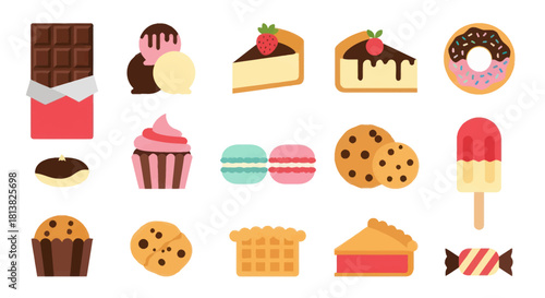 Assortment of various colorful sweet desserts in flat vector style