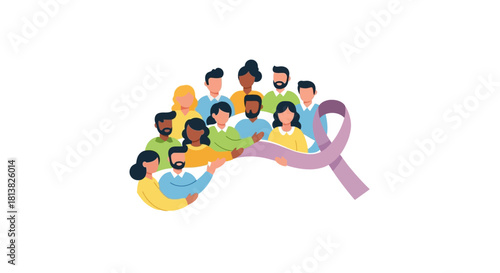 Diverse community supporting cancer awareness with a ribbon uniting people for hope and strength in the fight against illness and promoting well being