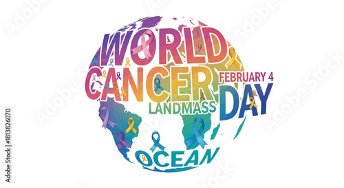 Show Your Support for World Cancer Day on February 4th with this Vibrant Awareness Graphic Featuring a Ribbon-Adorned Globe
