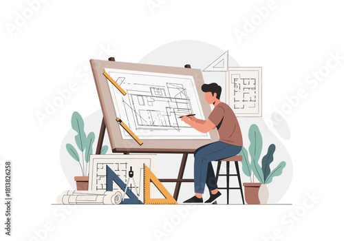 Architect Drawing House Blueprint on Drafting Table with Tools