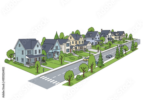 Cartoon Illustration of a Suburban Street with Houses, Trees, and Cars