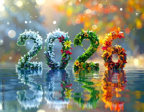 Panel kuchenny z motywem Nowy Rok 2026 utworzony z roślin symbolizujących cztery pory roku zimę, wiosnę, lato i jesień. Kolorowy napis Nowy Rok. Karta rozpoczynająca kalendarz.